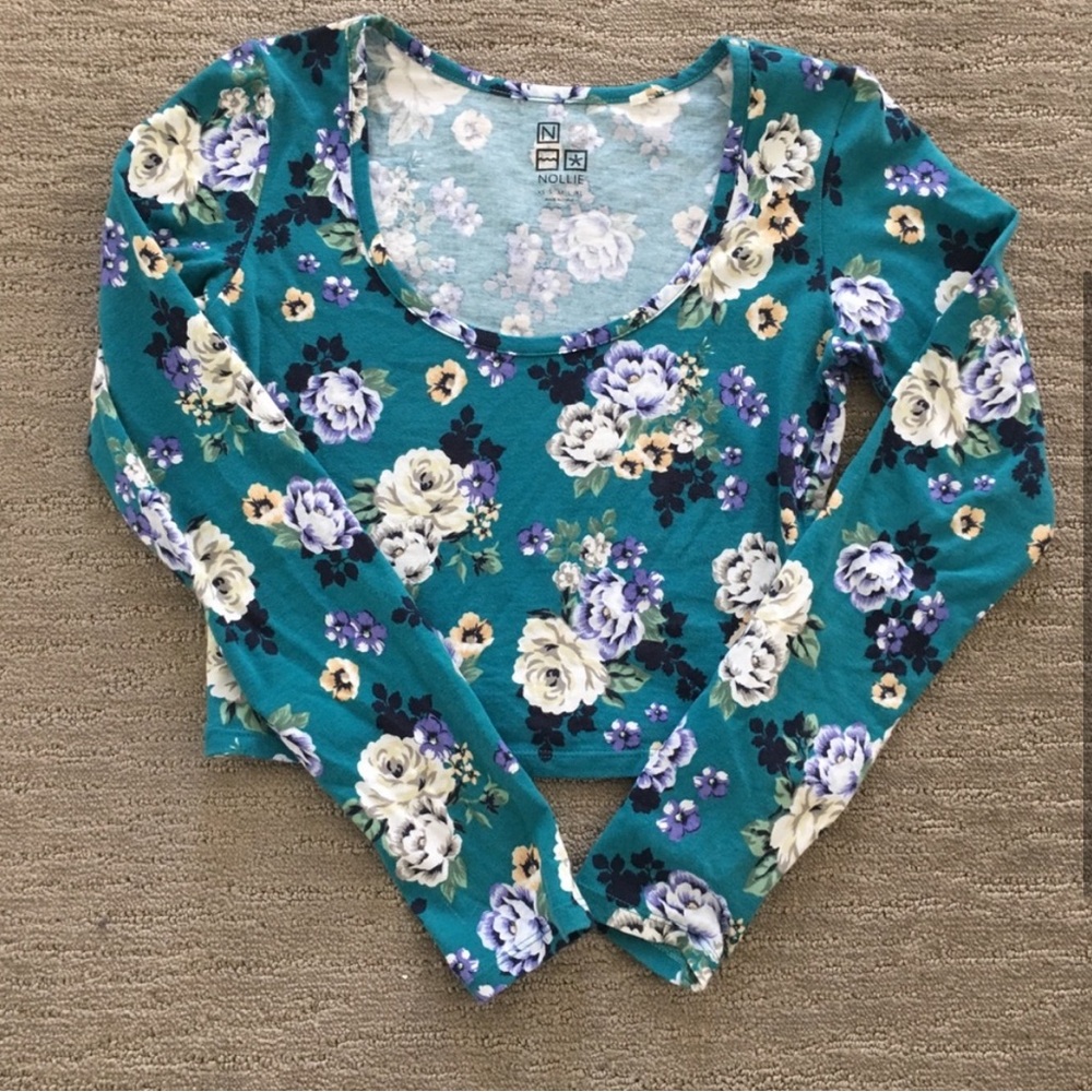 cropped teal floral long sleeve shirt